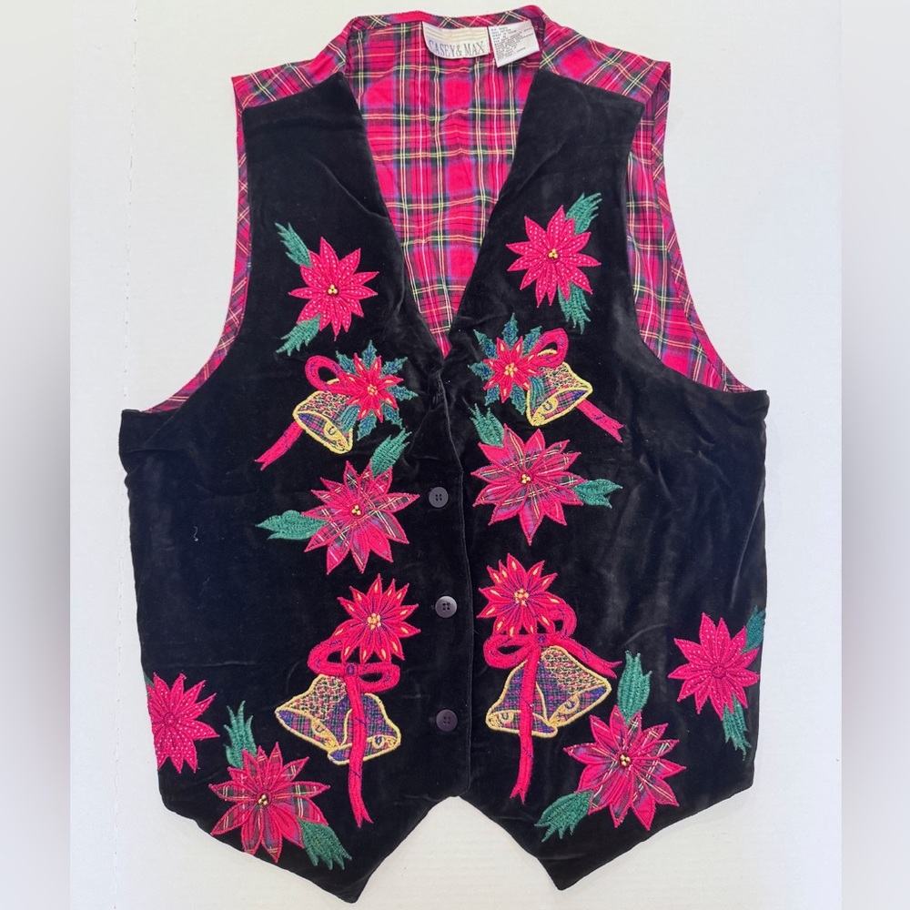 Vtg Casey & Max Christmas Holiday Vest Red Black Velvet Plaid Bells Poinsettia - Picture 2 of 7